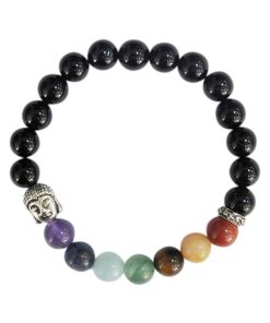 Bracelet 7 Chakras Onyx noir Perles rondes 8 mm Bouddha