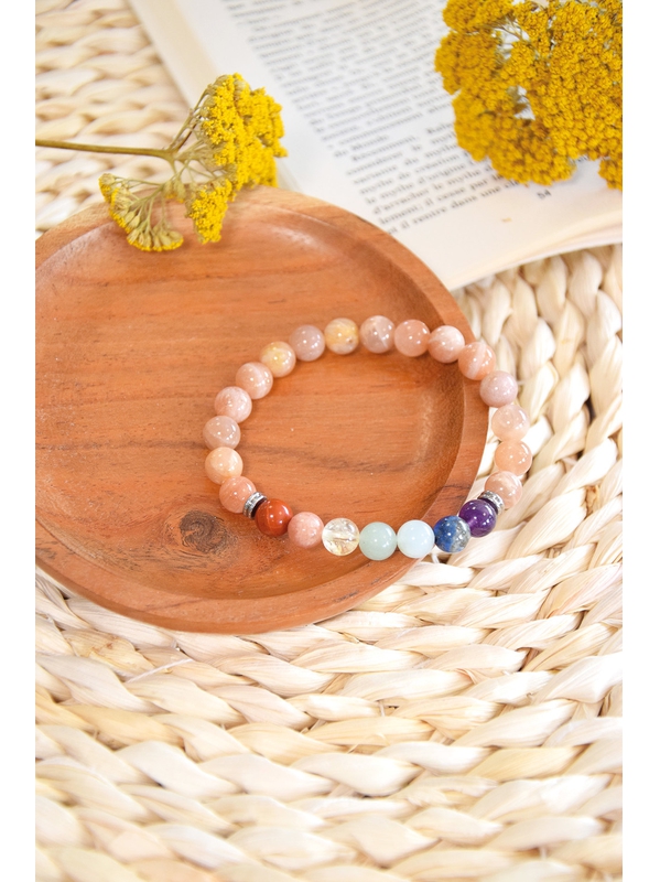Bracelet 7 Chakras Pierre de soleil Perles rondes 8 mm